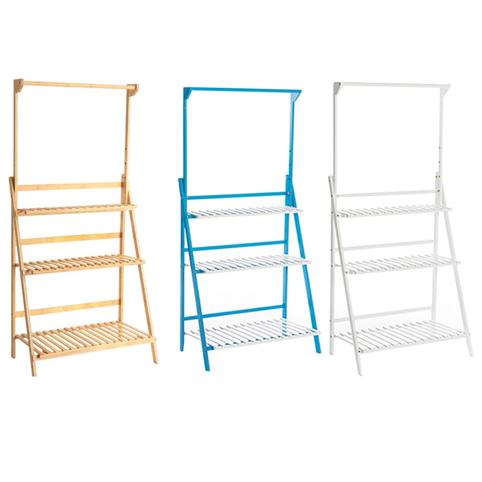 3-Tier Foldable Wooden Ladder Plant Stand with Adjustable Hanging Bar for Home & Outdoor