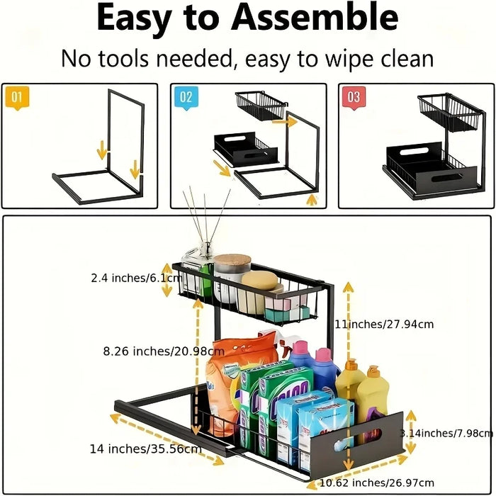Metal Pull-Out Under-Sink Organiser with Sliding Shelf — Kitchen Storage (White/Black)