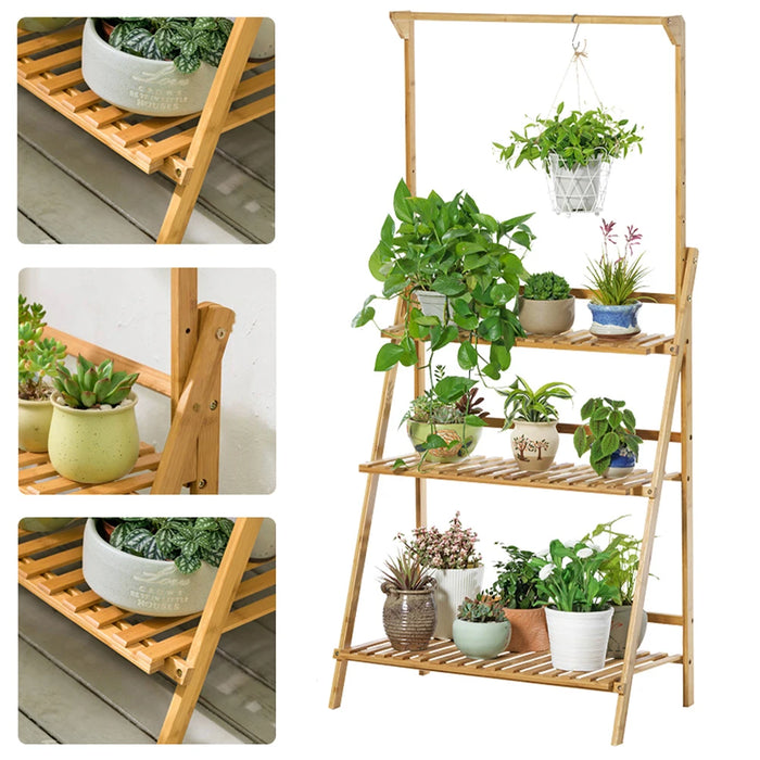 3-Tier Foldable Wooden Ladder Plant Stand with Adjustable Hanging Bar for Home & Outdoor