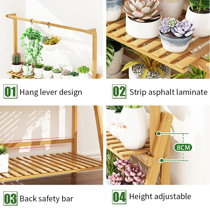 3-Tier Foldable Wooden Ladder Plant Stand with Adjustable Hanging Bar for Home & Outdoor