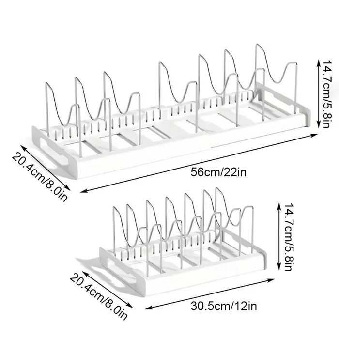 Expandable Pot and Pan Organiser — Space-saving Cabinet Holder for Lids and Dishes