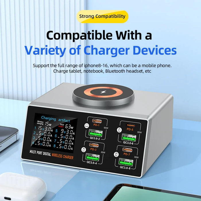 140W 8‑Port GaN Fast Charger Station with Qi2 Wireless Pad — Travel & Home