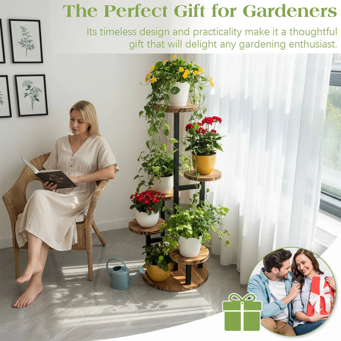 6-Tier Corner Plant Stand – Wood & Metal Display Shelf (Black)