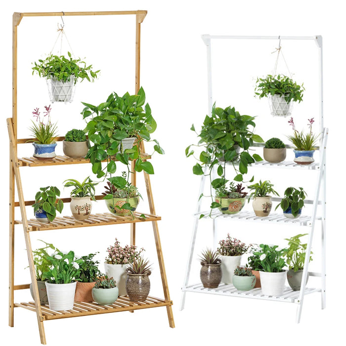 3-Tier Foldable Wooden Ladder Plant Stand with Adjustable Hanging Bar for Home & Outdoor