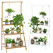 3-Tier Foldable Wooden Ladder Plant Stand with Adjustable Hanging Bar for Home & Outdoor