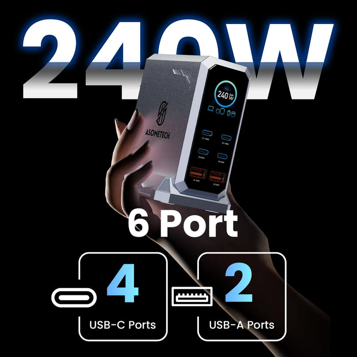 240W GaN Desktop Charger — 6‑Port (4×USB‑C, 2×USB‑A), 140W PD3.1 & PPS