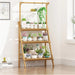 3-Tier Foldable Wooden Ladder Plant Stand with Adjustable Hanging Bar for Home & Outdoor