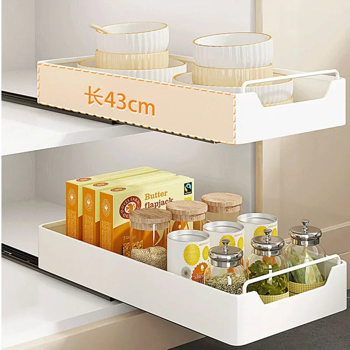 Pull-Out Kitchen Drawer Rack with Slide Rails — 43cm Stainless Steel Organiser (White)