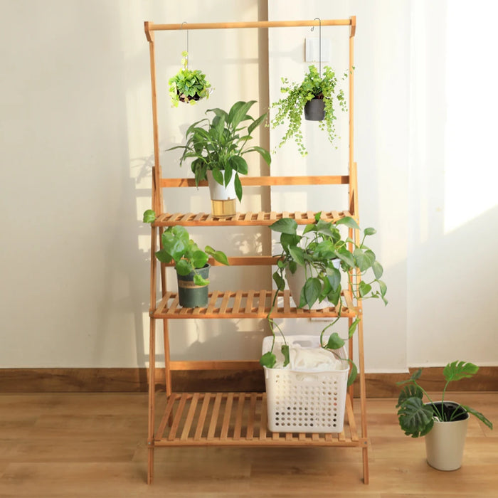 3-Tier Foldable Wooden Ladder Plant Stand with Adjustable Hanging Bar for Home & Outdoor