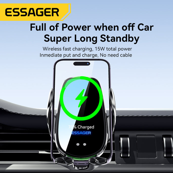 ESSAGER A4 Wireless Car Phone Holder Charger - 15W 10W 7.5W 5W, Air Vent Clamp Bracket, Compatible with iPhone 13, 14, 14 Pro, 14Pro Max, Xiaomi 13pro, Huawei Mate50 - Ideal for Safe and Efficient In-car Charging