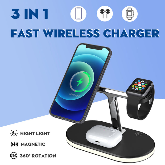 Magnetic Wireless Holder 15W - 3-in-1 Fast Charging Charger, Compatible with AirPods, iWatch, iPhone, and Other Smartphones - Perfect for Tech-Savvy Individuals Always on the Go