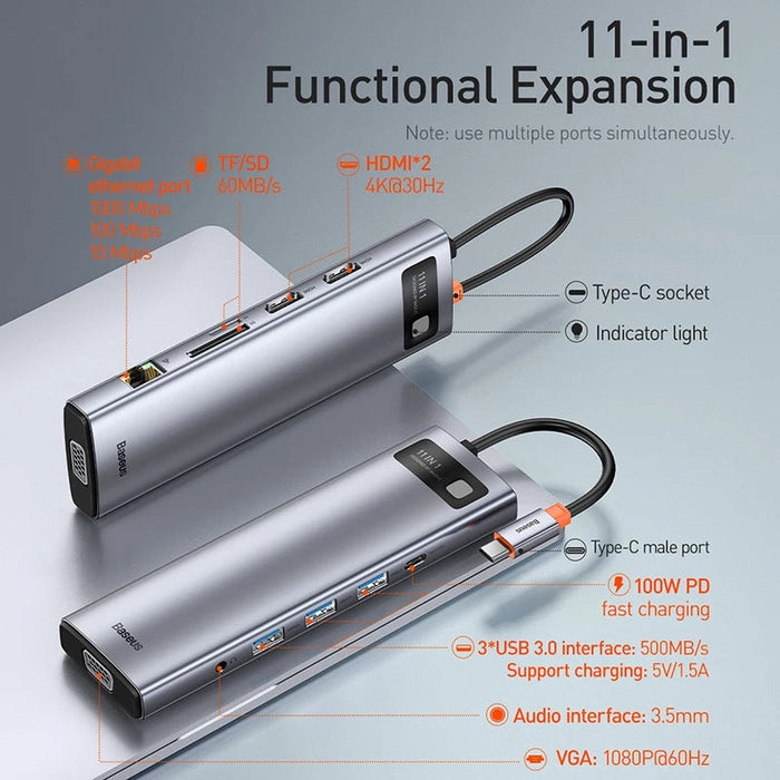 Baseus 11-in-1 MST USB Type-C Hub Docking Station - Dual 4K HDMI, 1080P VGA, 100W USB-C PD, 1000M RJ45, 3 x USB 3.0, 3.5mm Audio, Memory Card Readers - Perfect for Multi-Display and Power Users