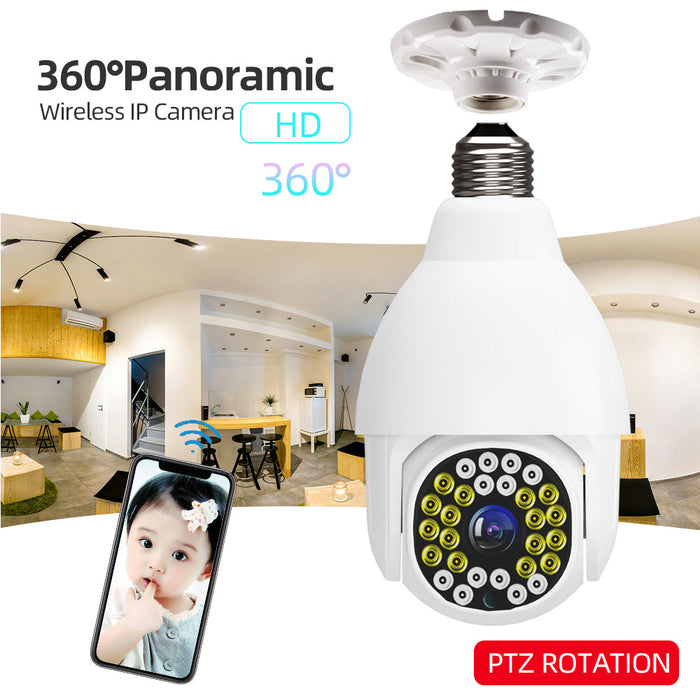 GUUDGO V380 WIFI E27 - 1080P Bulb Dome Camera with PTZ, Dual Light, 12 Infrared & 16 White Light LEDs, Night Vision - Includes Base & Remote Control for Security Monitoring