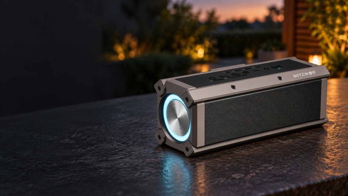 BlitzWolf BW-WA3 speaker on an outdoor table at dusk