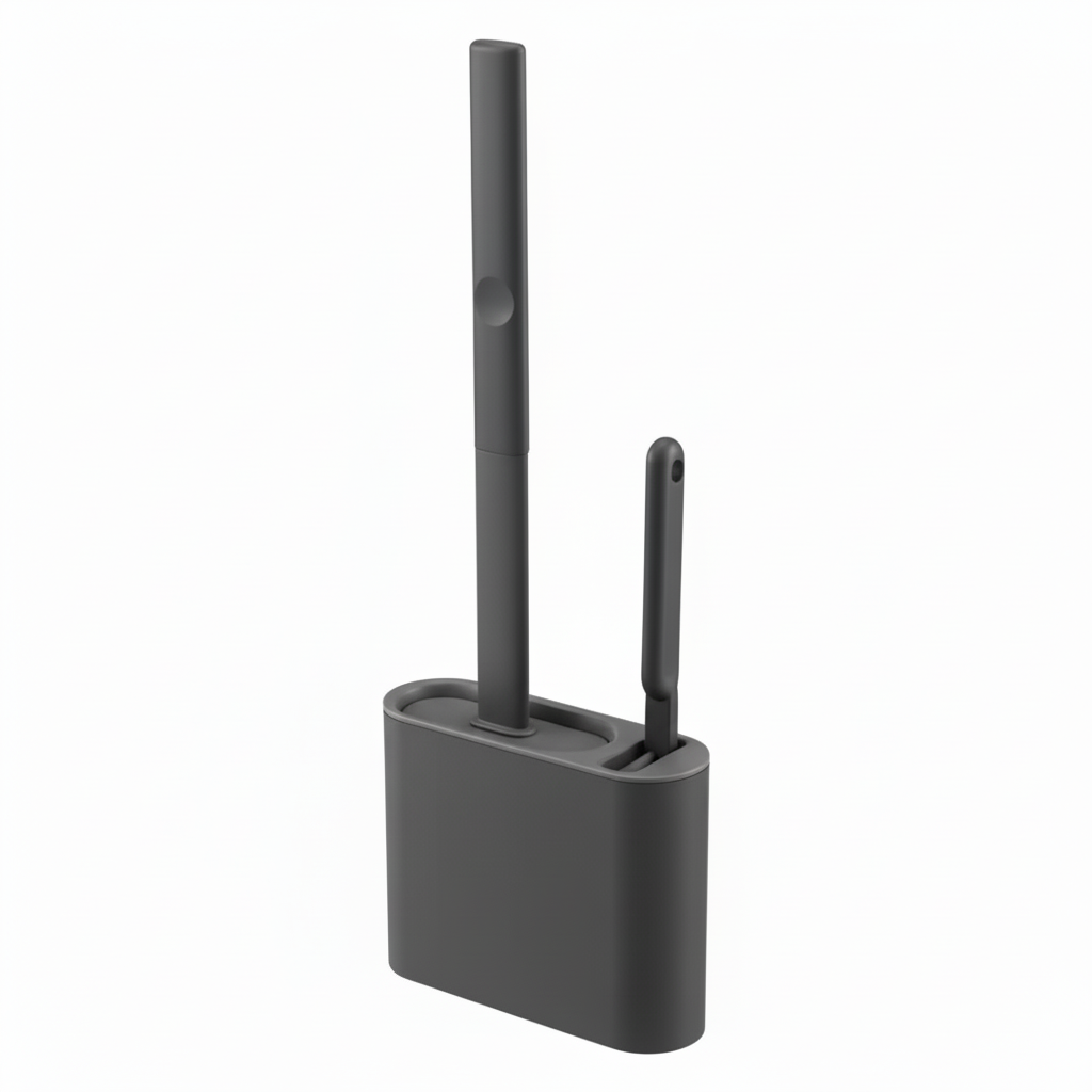 Silicone Toilet Brush with Flat Flexible Head and Wall-Mounted Holder — Dark Grey