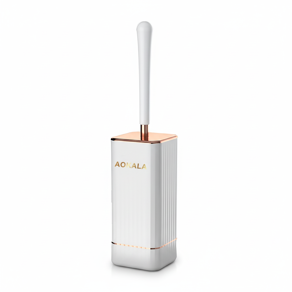 Aokala Silicone Toilet Brush & Holder — 40cm Long Handle, Wall or Floor Mount, Black or White with Rose Gold Trim