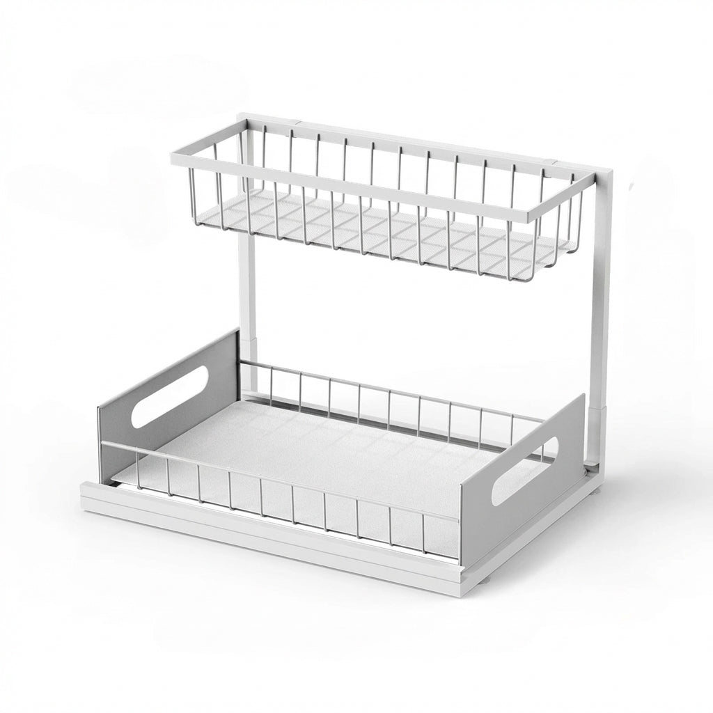 Metal Pull-Out Under-Sink Organiser with Sliding Shelf — Kitchen Storage (White/Black)