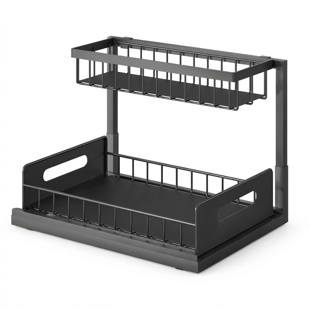 Under-Sink Pull-Out Organiser — 2-Tier Slide-Out Metal Shelf (White or Black)