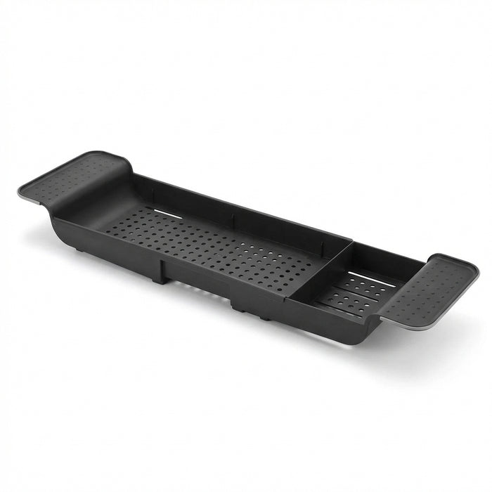 Expandable Drain Bath Shelf Caddy Tray — Plastic Bathtub Organiser (White/Black)