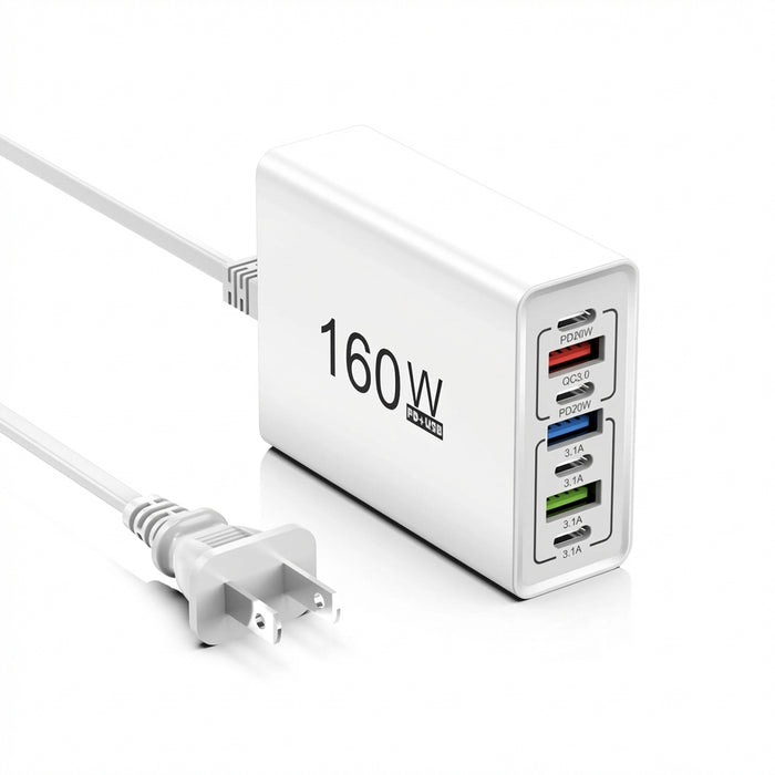 7-in-1 160W USB Charging Station – PD Type-C & USB-A, EU/US Plug, iPhone/Samsung/Xiaomi Compatible