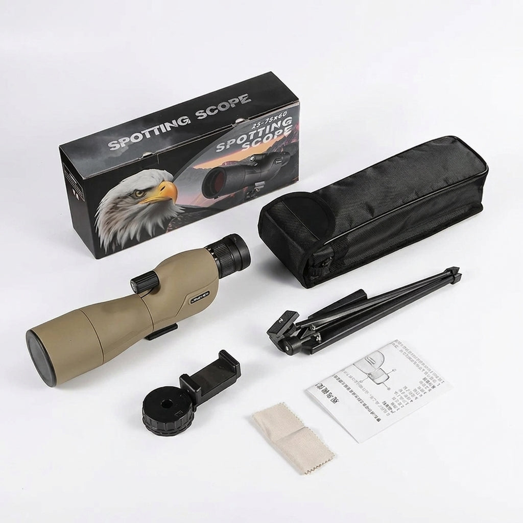 25–75x60 Spotting Scope — FMC BAK4 Optics, IPX6 Waterproof, Tripod & Phone Adapter