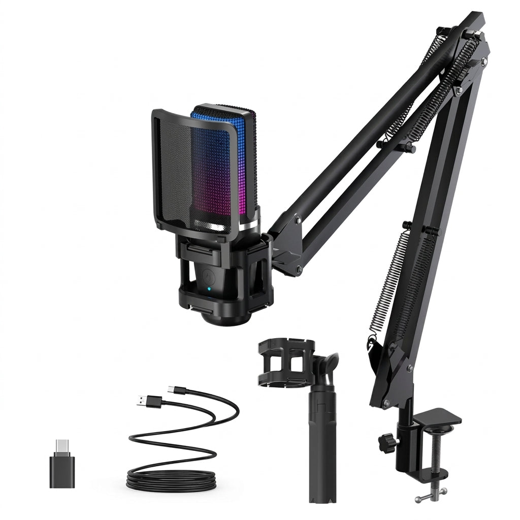 RGB USB Condenser Microphone with Articulated Boom Arm & Tripod for Streaming