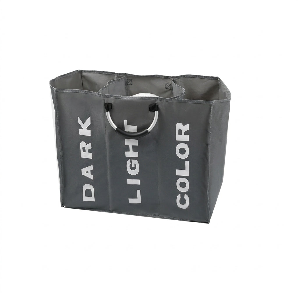 Foldable 3‑Section Laundry Hamper — Large Oxford Cloth with Aluminium Handle