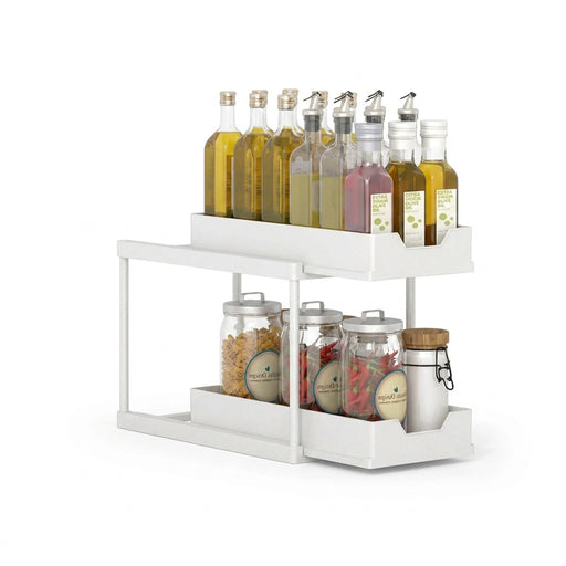 Double-Layer Pull-Out Storage Rack with 5 Hooks — PP Drawer Organiser for Kitchen & Bathroom