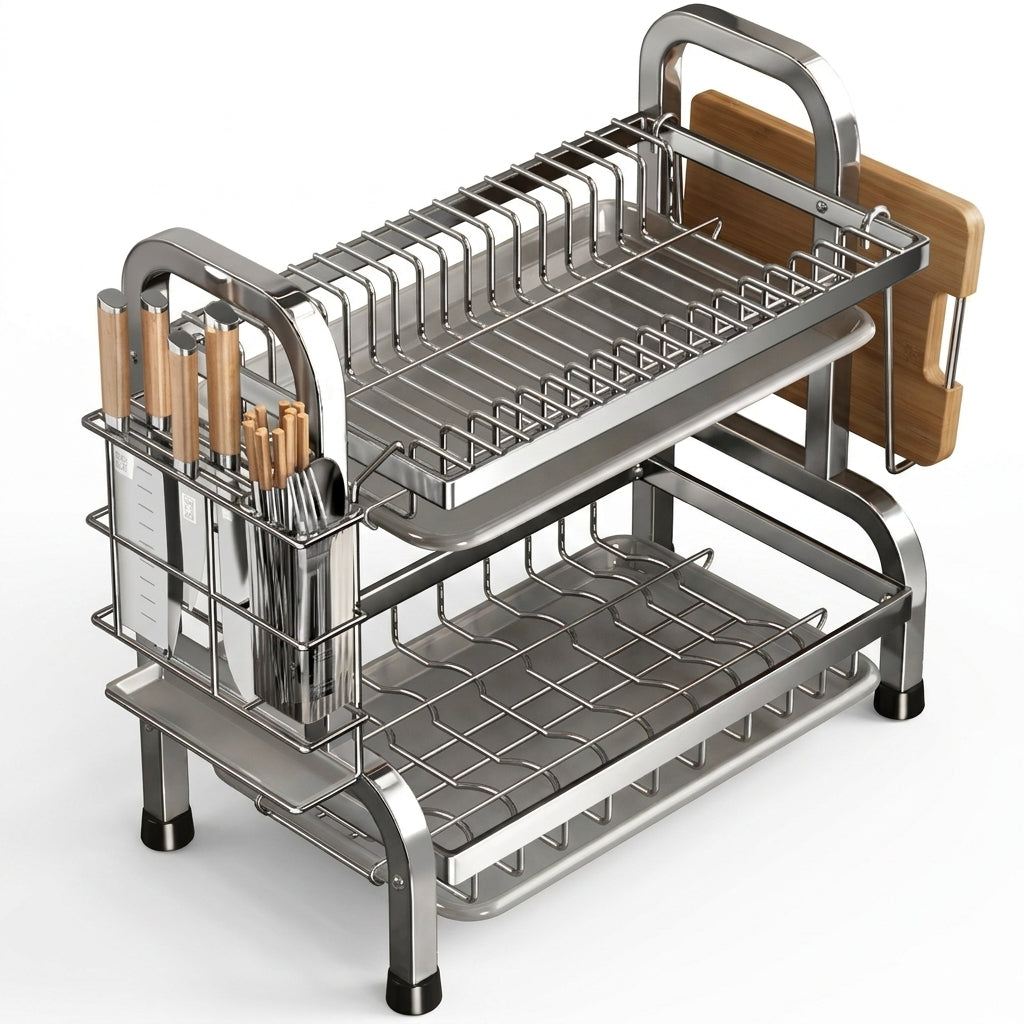 Compact Dish Drying Rack with Drainboard and Utensil Holder – Rust‑Proof Metal