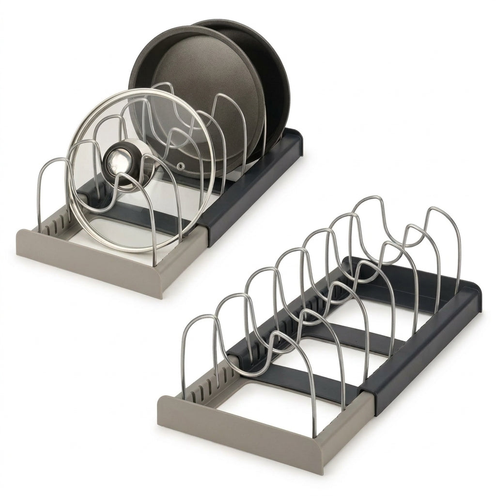 Expandable Pots & Pans Storage Rack for Cabinets — 6 Adjustable Shelves, Pot & Lid Holder