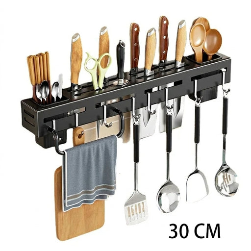 Stainless Steel Wall-Mounted Knife Holder — Nail-Free, Black (30/40/50cm)