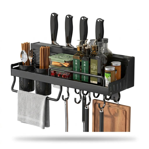 40cm Wall-Mounted Hanging Spice & Pot Rack — Black Metal Kitchen Shelf with Hooks
