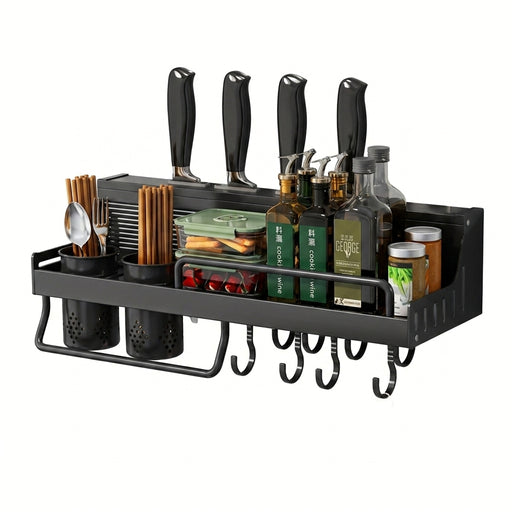 40cm Wall-Mounted Hanging Spice & Pot Rack — Black Metal Kitchen Shelf with Hooks