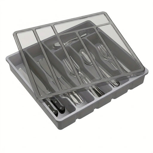 Covered Cutlery Organiser — 6-Compartment Silverware Tray with Washable Lid (PP)