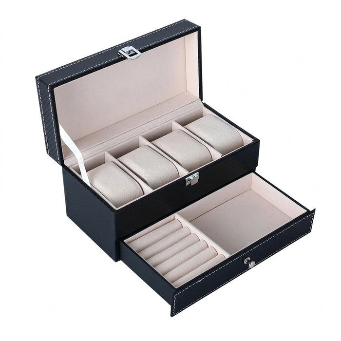 4‑Position Double‑Layer PU Leather Jewellery & Watch Storage Box