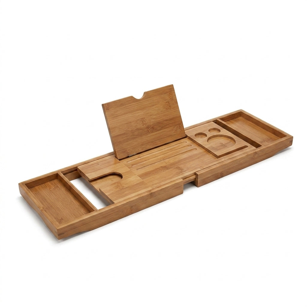 Bamboo Bathtub Caddy Tray – Extendable Spa Tray with Book, Wine and Tablet Holder