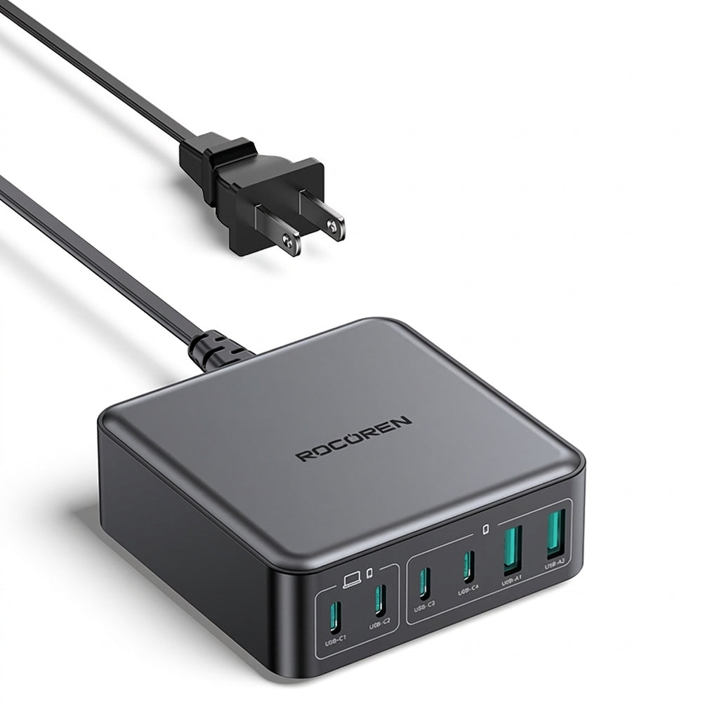 200W GaN 6-in-1 Desktop USB-C PD Charger — 4× USB-C, 2× USB-A