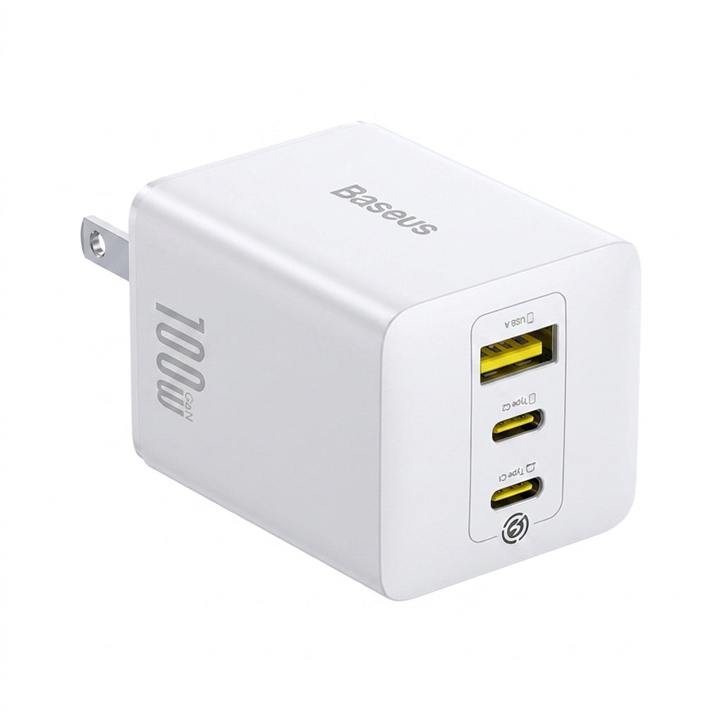 Baseus 100W GaN 3‑Port Fast Charger — 2x USB‑C + USB‑A, PD/QC/PPS