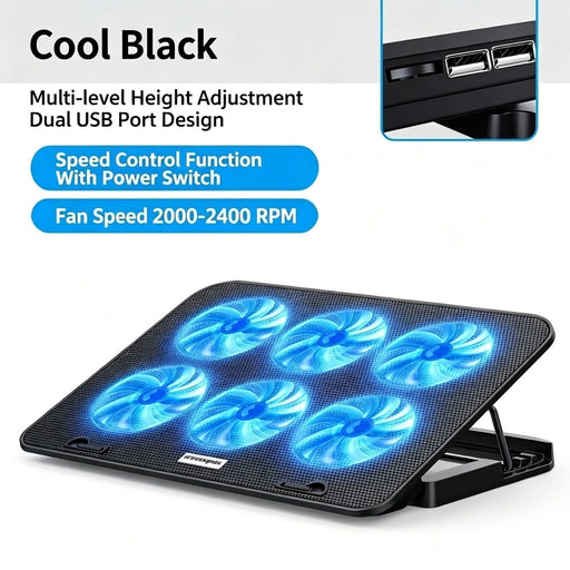 6-Fan Laptop Cooling Pad — 5-Level Adjustable Stand for 12–18-inch Laptops, Quiet USB Powered