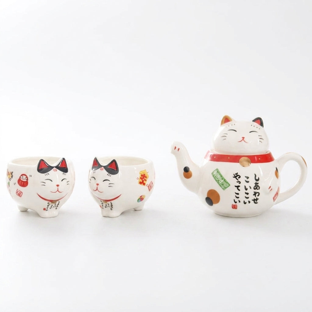 Japanese-style Maneki Neko Porcelain Tea Set with Strainer
