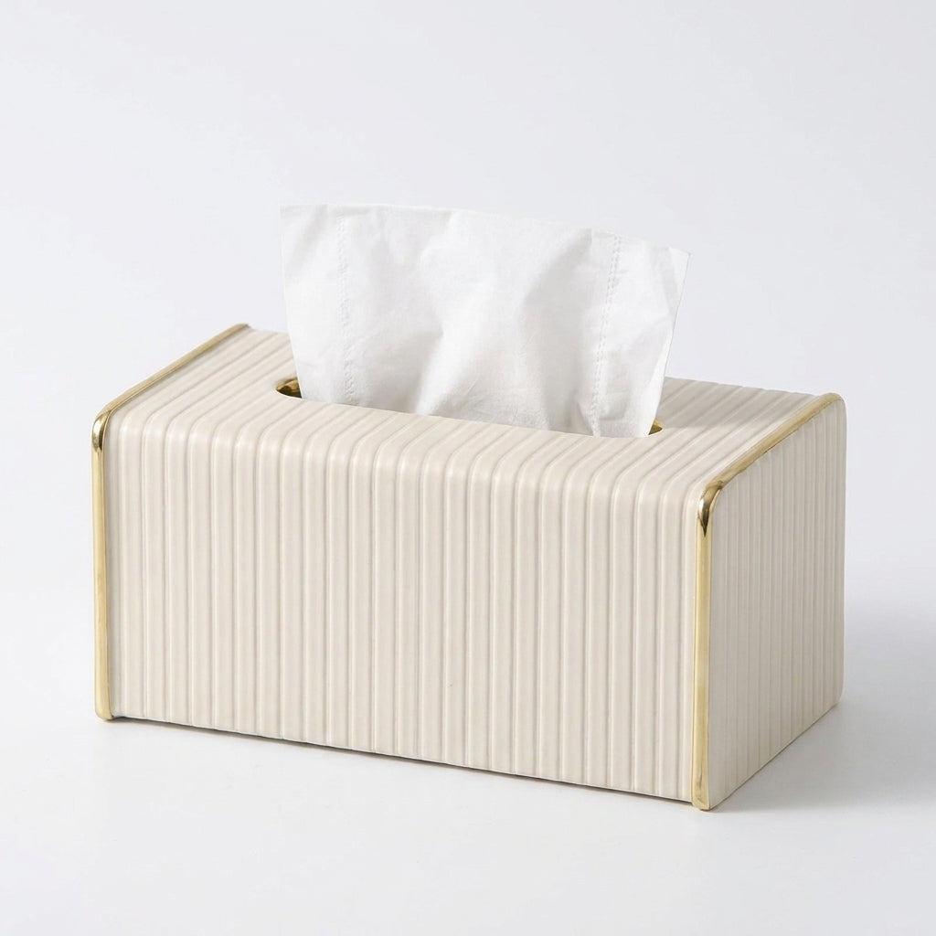 White Rectangular Leather Tissue Box Cover with Gold-Tone Edging — Small 16×11.5×8cm