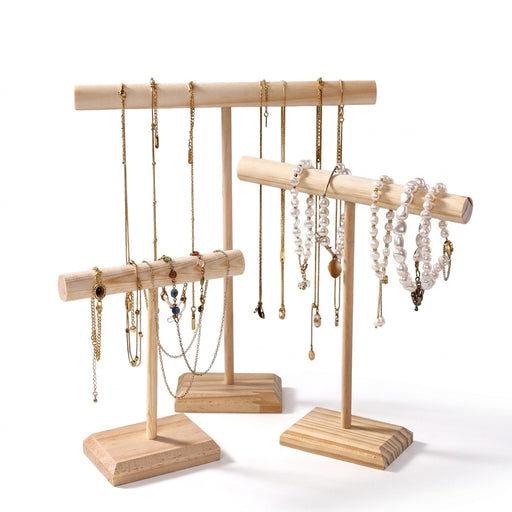 Solid Wood Jewellery Display Stand with Wooden Base – Bracelet, Necklace & Hairband Rack