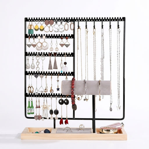 Metal Jewellery Organiser Stand with Wooden Tray — Multi‑Functional Storage