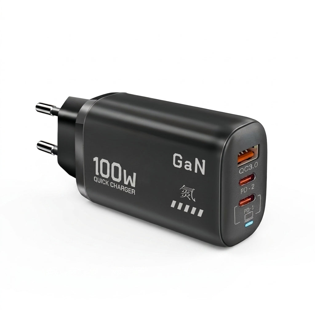 100W GaN USB‑C PD Charger with QC 3.0 — 2x Type‑C + USB‑A, Fast Charge for iPhone 15/16/17 Pro Max, iPad, Samsung & Xiaomi