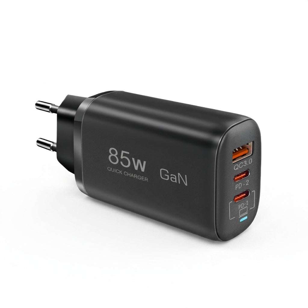 85W GaN USB‑C Charger – PD/PPS/QC Fast Charge, 2x USB‑C + USB‑A (UK/EU/US/KR)