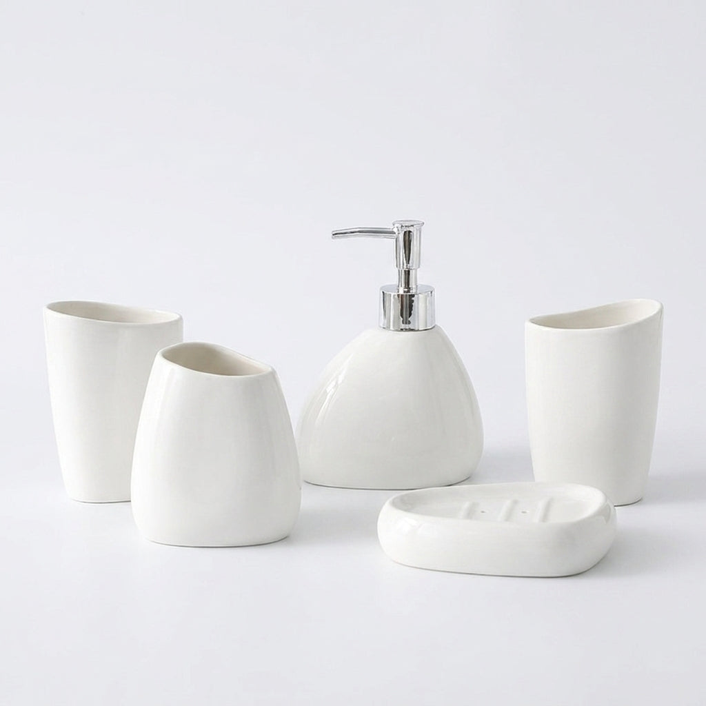 Modern Ceramic Bathroom Accessory Set — 4 or 5 Piece with Pump Dispenser