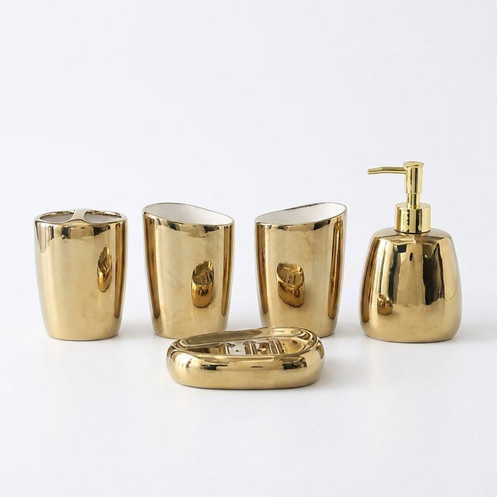 Modern Ceramic Bathroom Accessory Set — 4 or 5 Piece with Pump Dispenser