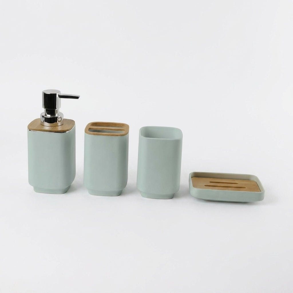 4-Piece Bathroom Accessory Set — Dispenser, Toothbrush Holder, Cup & Soap Tray