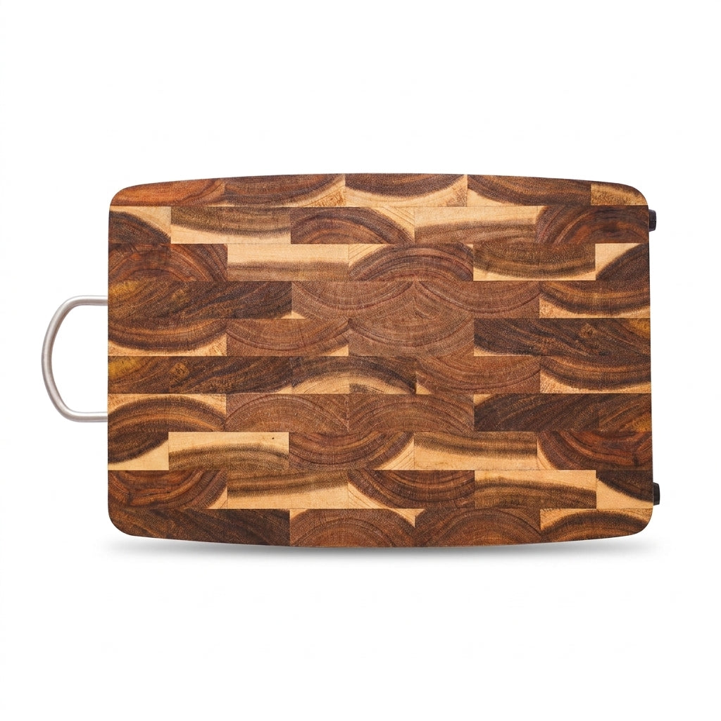 End-grain Acacia Butcher Block Cutting Board with Handle — 395×249×25 mm