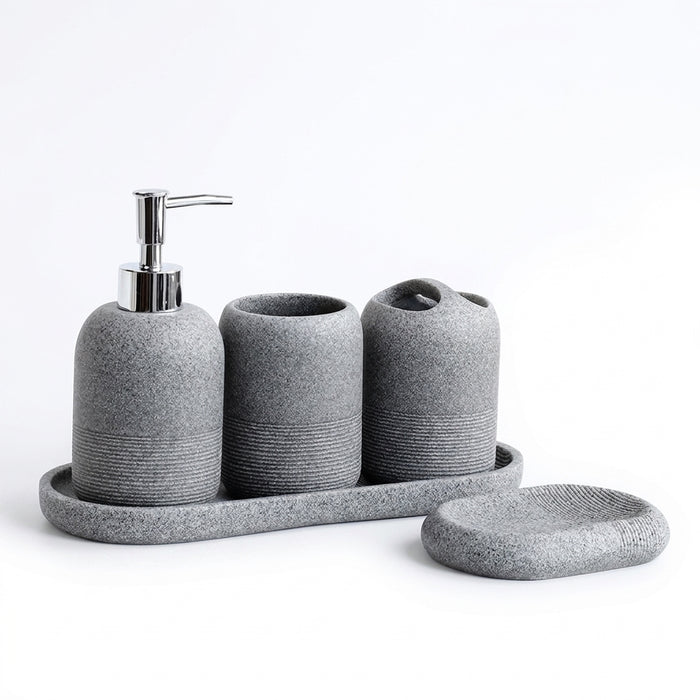 5‑Piece Bathroom Accessory Set — Dispenser, Toothbrush Holder, Tumbler, Tray & Soap Dish (Beige or Grey)